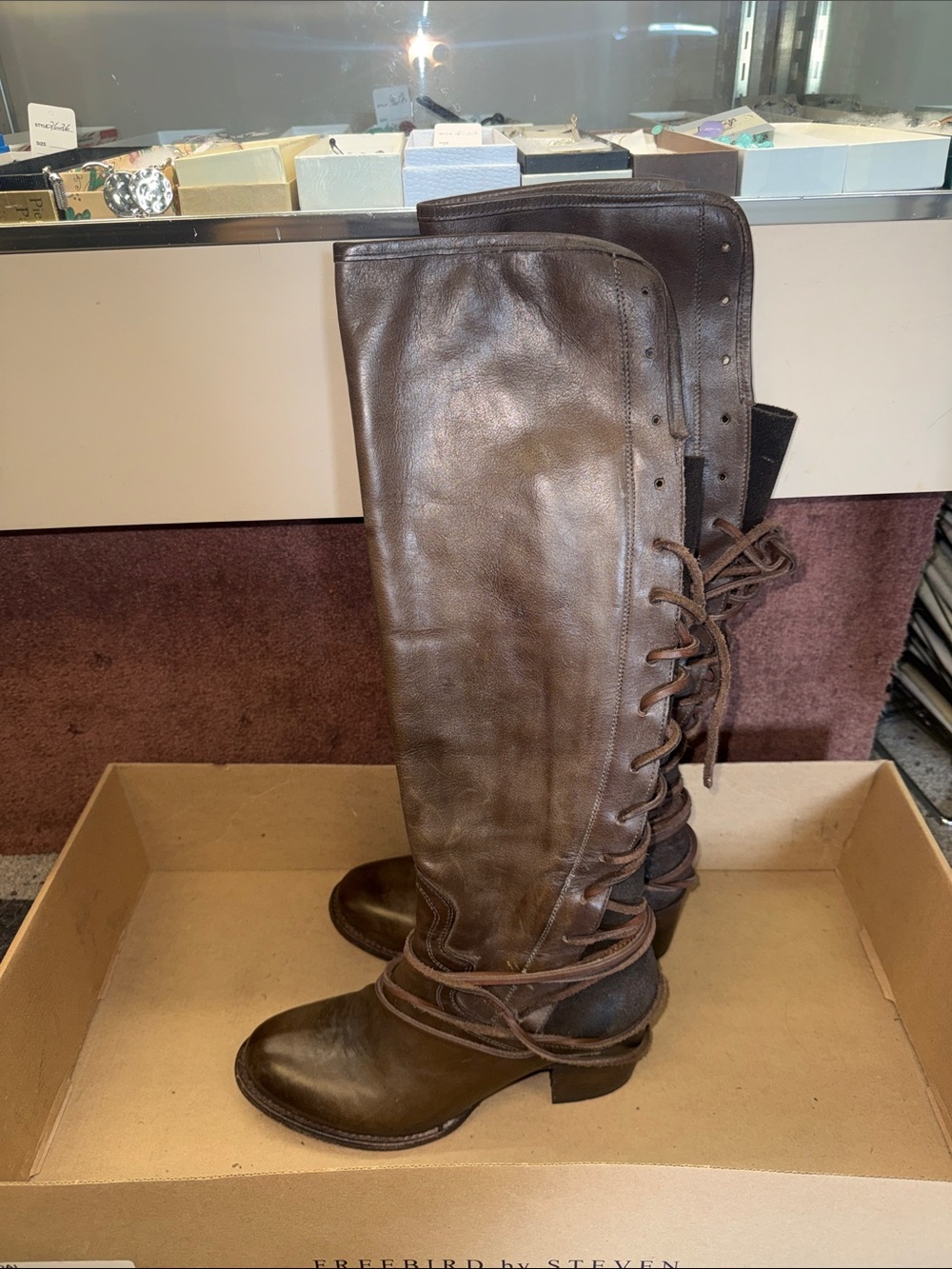 Brown FreeBird coal gray 10 with Lace-Up Knee-High Women's Boots w box